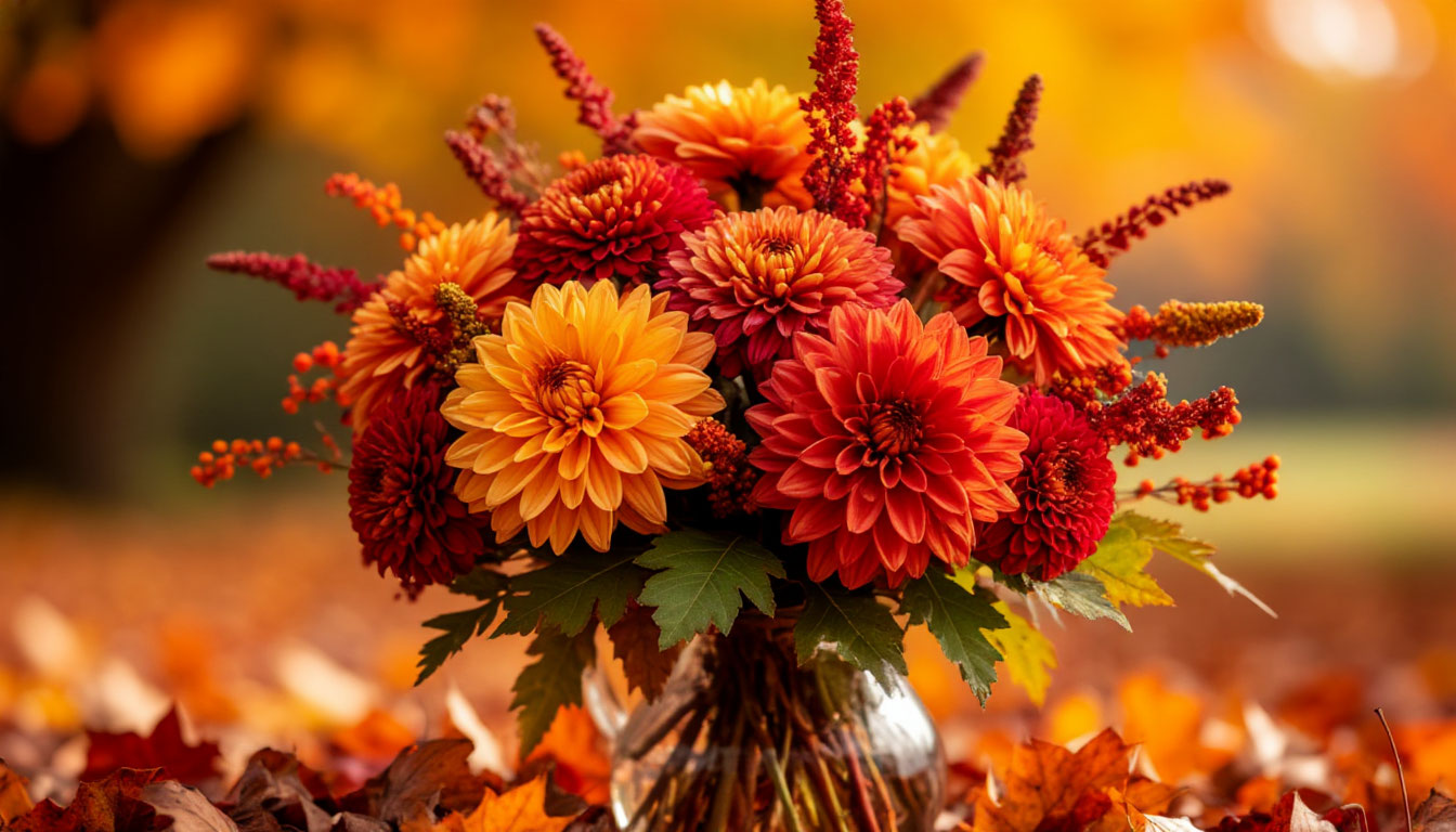 Jesienny bukiet w jasnych, jesiennych kolorach w wazonie wśród liści