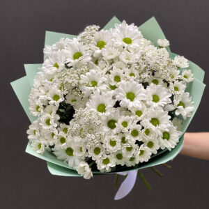 Bukiet białych chryzantem i santini w jasnozielonym papierze